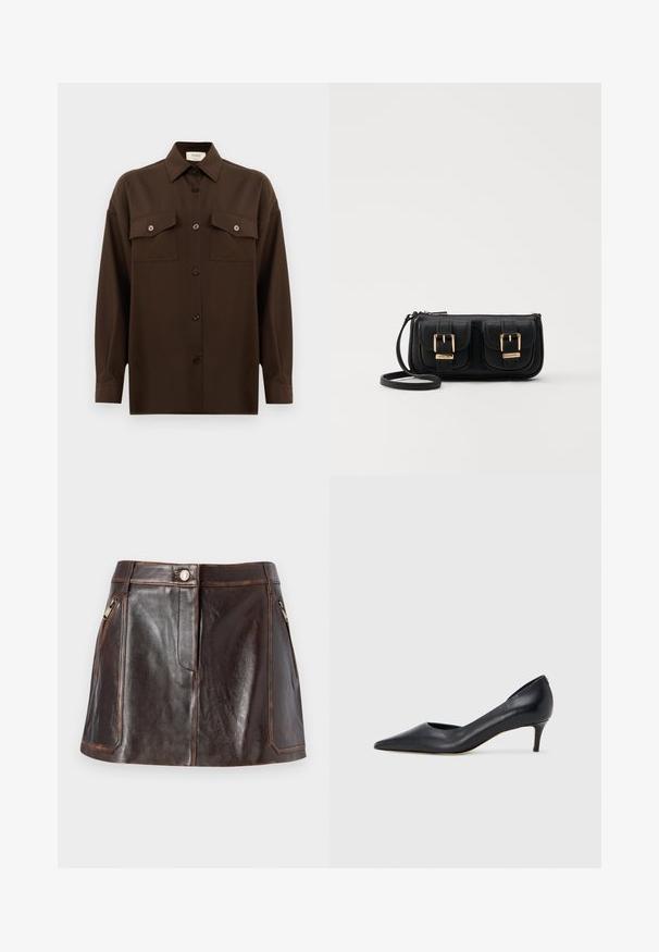 Chemise à manches longues brun foncé avec boutons, dotée de deux poches poitrine à rabat et d'un col classique, présentée sur un fond blanc uni.; Jupe mini en cuir marron avec un design épuré, deux poches latérales zippées et des coutures contrastantes sur les bords.; Escarpin en cuir noir avec un bout pointu et un talon bas. Présente une texture lisse et un éclat subtil. Découpe ouverte à l'avant pour un détail supplémentaire.; Sac en cuir noir porté en travers avec deux poches avant, boucles dorées, fermeture zippée et une sangle fine. Surface texturée et forme rectangulaire compacte.