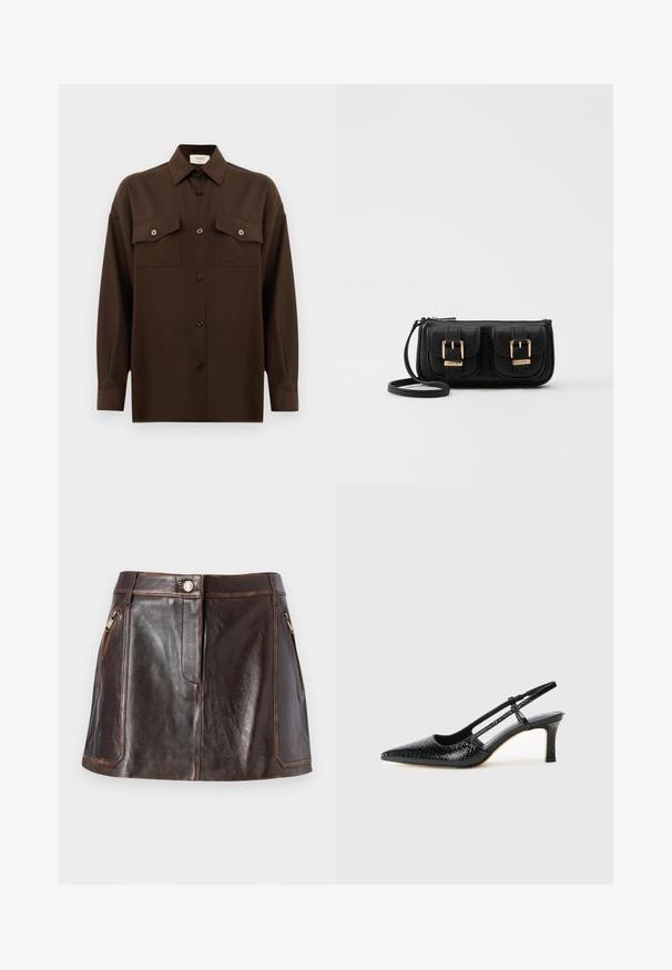 Mørkebrun langærmet skjorte med knaplukning, to brystlommer med klap og en klassisk krave, præsenteret mod en helt hvid baggrund.; Brun læder mini-nederdel med et strømlinet design, to lynlåslommer i siden og kontrasterende syninger langs kanterne.; Sorte patent slingback hæl med spids tå, prydet med tekstureret slangeskindsmønster, justerbar rem og en kort, tekstureret blokhæl.; Sort læder crossbody taske med to frontlommer, guldspænder, lynlåslukning og en slank rem. Struktureret overflade og kompakt rektangulær form.