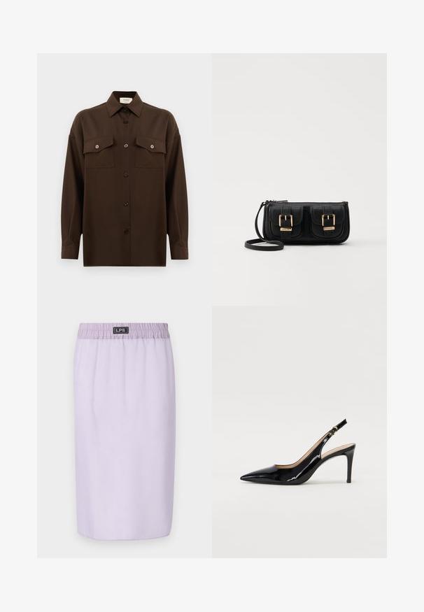 Dark brown long-sleeve button-up shirt with two flap chest pockets and a classic collar, displayed against a plain white background.; Lilac skirt with an elastic waistband, knee-length, smooth texture, and no visible patterns or accents. Brand logo on waistband.; Black patent leather slingback pump with pointed toe, slim heel, and a subtle cutout design. Features a gold buckle on the strap.; Black leather crossbody bag with two front pockets, gold buckles, zipper closure, and a slim strap. Textured surface and compact rectangular shape.