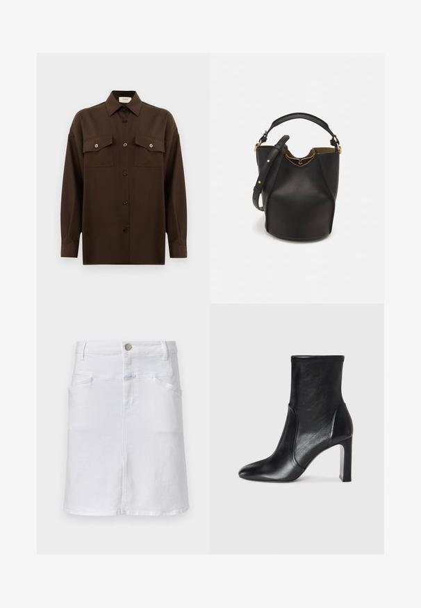 Tumma ruskea pitkähihainen napitettava paita, jossa on kaksi läpällistä rintataskua ja klassinen kaulus, esiteltynä yksinkertaista valkoista taustaa vasten.; Valkoinen farkkuhame suoran leikkauksen kanssa, jossa on kaksi etutaskua, keskisauma, nappikiinnitys ja hillitty tekstuuri.; Mustan nahkaisen nilkkureiden tyylikäs muotoilu, terävä kärki ja korkea paksu korko. Ominaisuuksiin kuuluu sileä pinta ja minimalistinen ommelkoristelu.; Mustan nahka-buckettikassi, jossa on teksturoitu pinta, kultaiset metalliosat ja avoin yläosa. Ominaisuuksiin kuuluu lyhyt kahva ja säädettävä olkahihna.