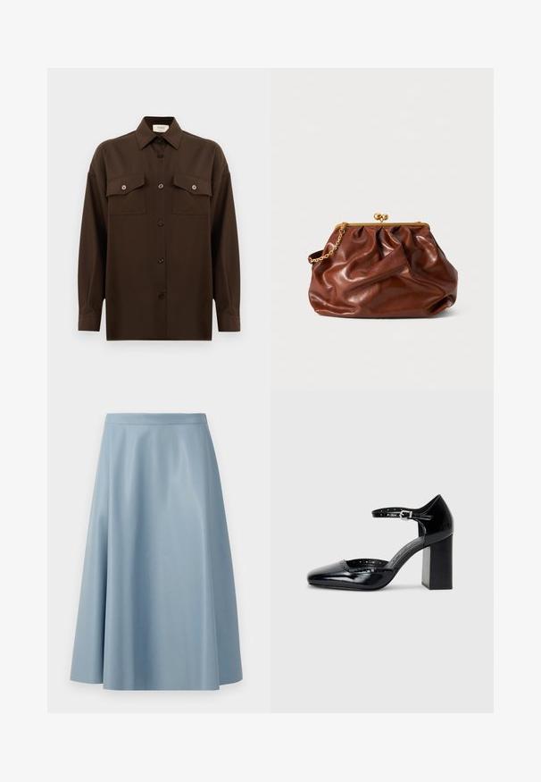 Cămașă lungă, cu mâneci lungi, de culoare maro închis, cu două buzunare frontale cu clapetă și guler clasic, expusă pe un fundal alb simplu.; O fustă de un albastru deschis, cu un croi evazat, realizată dintr-un material neted, având un design minimalist, cu o talie curată și fără închideri vizibile.; Pantofi cu toc înalt din piele lăcuită neagră, cu vârf pătrat, curea pentru gleznă și toc gros. Include detalii perforate de-a lungul marginii.; Plică din piele maro cu ramă aurie și mânere scurte din lant auriu, având o textură moale, pliată pe un fundal alb.