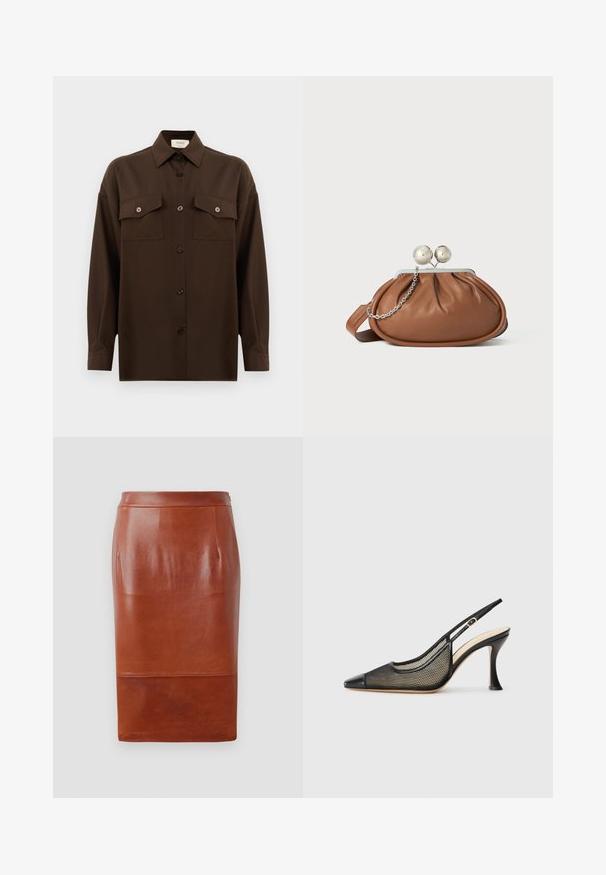 Donkerbruin langarm overhemd met knopen, voorzien van twee zakken met klep op de borst en een klassieke kraag, weergegeven tegen een effen witte achtergrond.; Bruine leren kokerrok met een gladde textuur, knie-lange ontwerp en een subtiele glans. Bevat een fitted tailleband en zijzakken.; Zwarte slingback hoge hak schoen met een spitse neus, gaasdetails en een glad leren kap. Kleuren zijn zwart met beige accenten.; Bruine leren clutch met een zilveren balsluiting en een klein zilveren kettingdetail op een witte achtergrond.