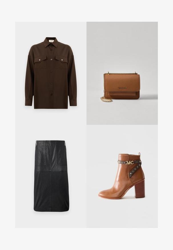 Mørkebrun langærmet skjorte med knaplukning, to brystlommer med klap og en klassisk krave, præsenteret mod en helt hvid baggrund.; Sorte læder blyantskørt, mellemlangt, med en glat tekstur, vertikale sømdetaljer og en diskret lynlås i siden.; Brun læder ankelstøvle med stablet blokheel, sidebånd med guldnitter og en guld "MK" logo spænde.; Brun tekstureret læder crossover-taske med guldkæde-rem og klaplukning. Forsiden har logo-detalje og en lomme under klappen.