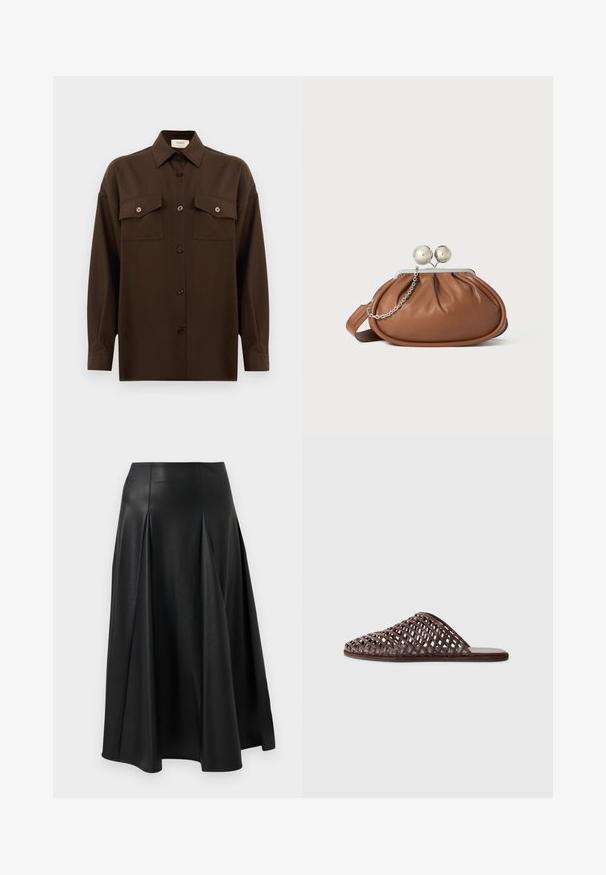 Camisa de manga larga de color marrón oscuro con botones, dos bolsillos en el pecho con solapa y un cuello clásico, exhibida contra un fondo blanco liso.; Falda de cuero negra con pliegues, textura suave, diseño de longitud media y cintura ajustada. Estilo minimalista sin hardware visible.; Sandalia de dedo trenzada marrón con punta redonda, diseño abierto, suela plana y superficie texturizada. Material ligero y silueta minimalista.; Bolso de mano de cuero marrón con cierre de bola plateada y un pequeño detalle de cadena plateada sobre un fondo blanco.