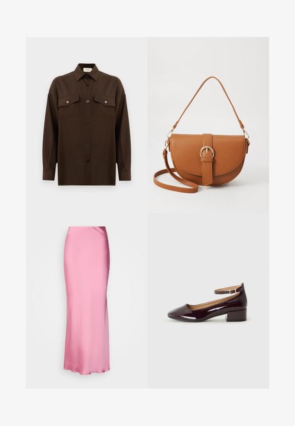 Chemise à manches longues brun foncé avec boutons, dotée de deux poches poitrine à rabat et d'un col classique, présentée sur un fond blanc uni.; Jupe maxi en satin rose au design épuré, texture lisse et silhouette ajustée, avec une taille haute et sans fermetures visibles.; Chaussure à talon bordeaux brillant avec un bout arrondi et une sangle à la cheville, posée sur un fond uni.; Sac bandoulière en cuir marron avec une forme incurvée, quincaillerie dorée et un accent en boucle. Comprend une bandoulière détachable.