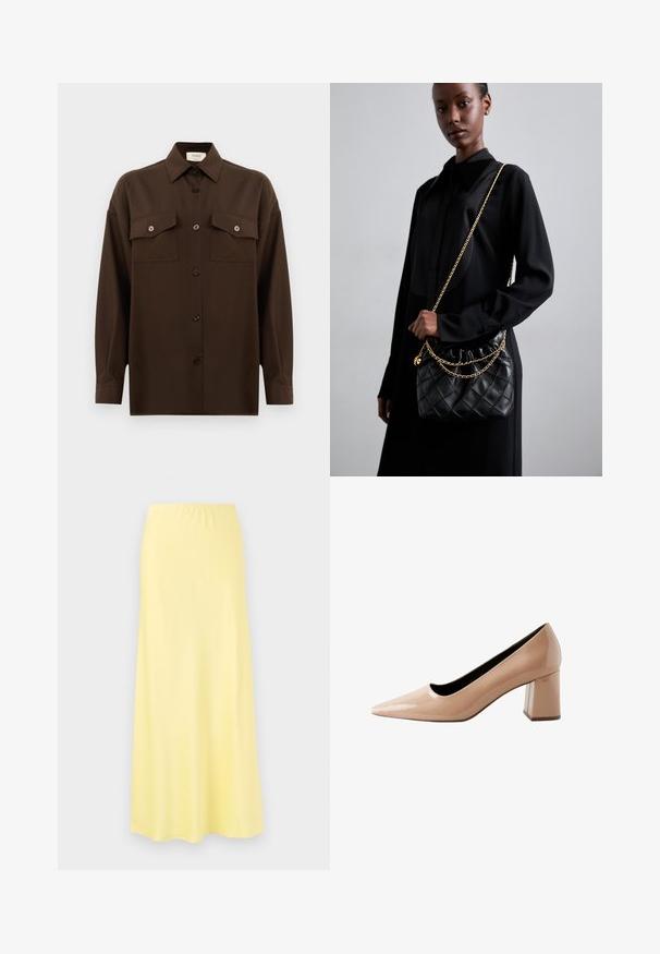 Tamsiai rudas ilgarankovis mygtukų marškiniai su dviem kišenėmis ant krūtinės ir klasikiniais apykakle, pristatomas prieš paprastą baltą foną.; Geltona, iki kelių siekianti sijonas, pagamintas iš lygaus audinio su elastinga juosmeniu, turintis pleišto formą ir be matomų raštų ar detalės.; Nuogas patentinis odinis batelis su smailiu pirštu ir blokiniu kulnu, pasižymintis lygiu, blizgiu paviršiumi ir elegantišku, minimalistiniu dizainu.; Juodas susegamas odinis rankinukas su susiraukšlėjusia viršuje, auksine grandine ir stačiakampiu pavidalu, laikomas prieš paprastą foną.