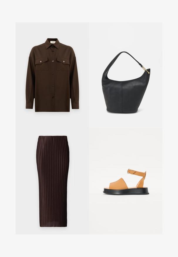 Donkerbruin langarm overhemd met knopen, voorzien van twee zakken met klep op de borst en een klassieke kraag, weergegeven tegen een effen witte achtergrond.; Bruine geplooide midi-rok, met verticale plooien, een aansluitend ontwerp en een soepele textuur. Geen zichtbare hardware of accenten.; Tan leren sandaal met een brede voorkant, open teen, verstelbare band en een dikke zwarte plateauzool. Soepele textuur en minimalistisch ontwerp.; Zwarte leren handtas met een ronde vorm, een brede schouderriem en een gestructureerde afwerking. Bevat subtiele naaddetails en een gouden hardwareaccent.