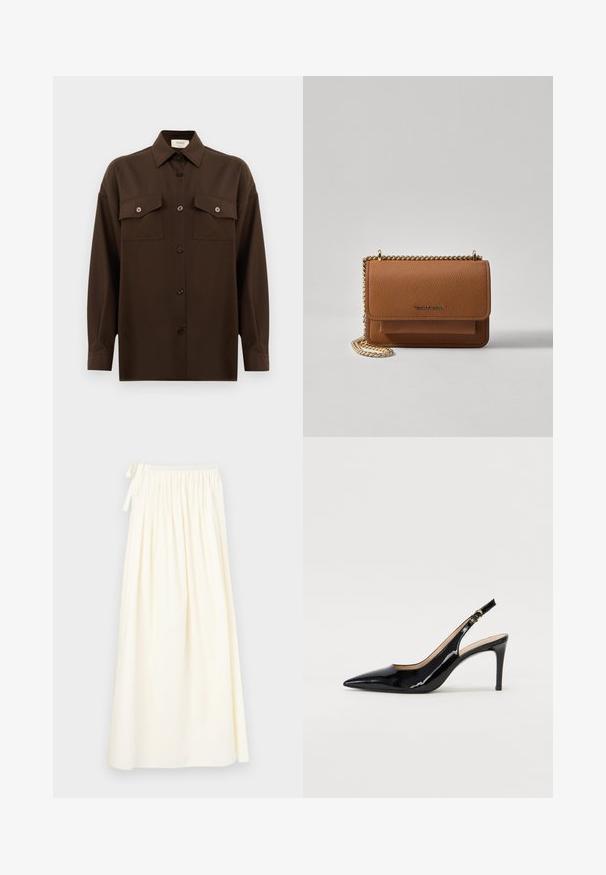 Camisa de manga larga de color marrón oscuro con botones, dos bolsillos en el pecho con solapa y un cuello clásico, exhibida contra un fondo blanco liso.; Falda larga de color crema hecha de un tejido ligero; cuenta con una cinturilla elástica con un lazo y un diseño fluido con una textura mínima.; Zapatos de charol negro con tirante al tobillo, punta afilada, tacón delgado y un diseño de corte sutil. Presenta una hebilla dorada en la correa.; Bolso crossbody de cuero texturizado marrón con correa de cadena dorada y cierre de solapa. La parte frontal presenta un detalle de logo y un bolsillo debajo de la solapa.