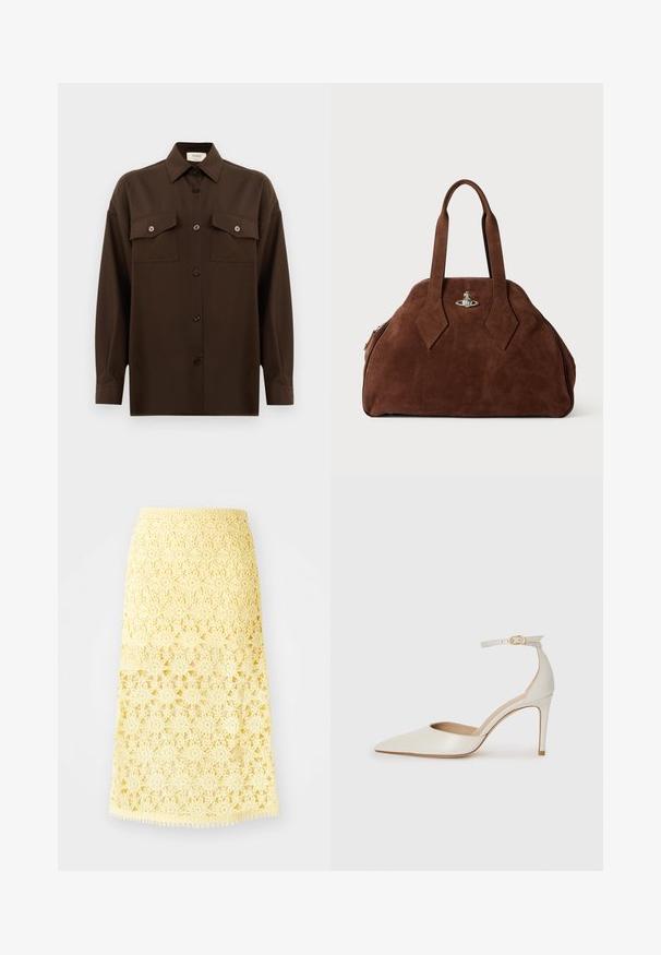 Camicia marrone scuro a maniche lunghe con bottoni, dotata di due tasche a pattina sul petto e colletto classico, mostrata su uno sfondo bianco uniforme.; Gonna midi all'uncinetto gialla con motivi floreali a stelle, caratterizzata da un orlo scallop e una finitura testurizzata. Vita elasticizzata per una vestibilità perfetta.; Scarpa col tacco alto in pelle bianca con punta affusolata, cinturino alla caviglia e tacco a stiletto sottile. Texture liscia con una finitura leggermente lucida.; Borsa in suede marrone con una forma strutturata, corpo arrotondato e manici a forma di diamante allungati. Presenta una chiusura in metallo argentato.