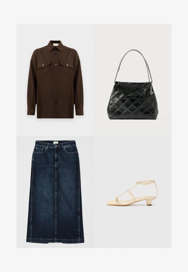 Tumepruun pikkade varrukatega nööbitav särk kahe klapp-taskuga rinnal ja klassikalise kraega, esitlemiseks lihtsa valge tausta ees.; Tume teksaskleit otsejoones, põlvini. Omab esimesi taskuid, tõmblukk sulgust ja peeneid õmblusdetailide rõhutusi.; Beezhides sandaalid T-ribauga, ruudukujulise varbaga, reguleeritava pahkluuringiga ja madala plokkningaga. Siledast nahast. ; Must nahast tikitud käekott hõbedase ketiga sangaga, millel on kujundatud struktuur ja sile pind.