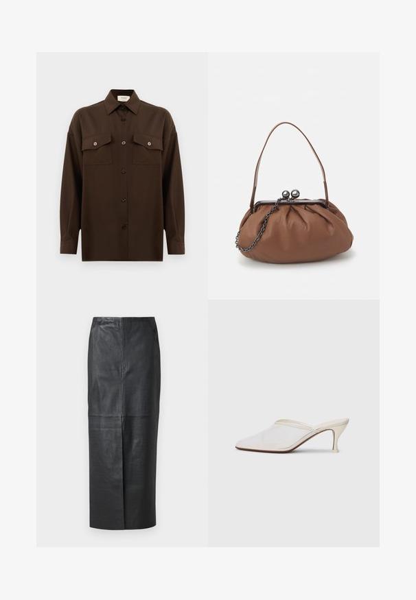 Tamsiai rudas ilgarankovis mygtukų marškiniai su dviem kišenėmis ant krūtinės ir klasikiniais apykakle, pristatomas prieš paprastą baltą foną.; Juodas odinis midi sijonas su lygaus paviršiaus tekstūra, tiesaus kirpimo ir subtiliomis siuvimo detalėmis. Su kišenėmis ir aukštu juosmens dizainu.; Baltos tinklelio smailiakojės mules su plonu vidutinio aukščio kulnu ir užkulnio dizainu ant vientiso fono.; Ruda odinė rankinė su surinkto dizaino, trumpa odinė rankena ir grandinėlės diržas. Yra sidabrinė metalinė sagtis su dviem apvaliais akcentais.