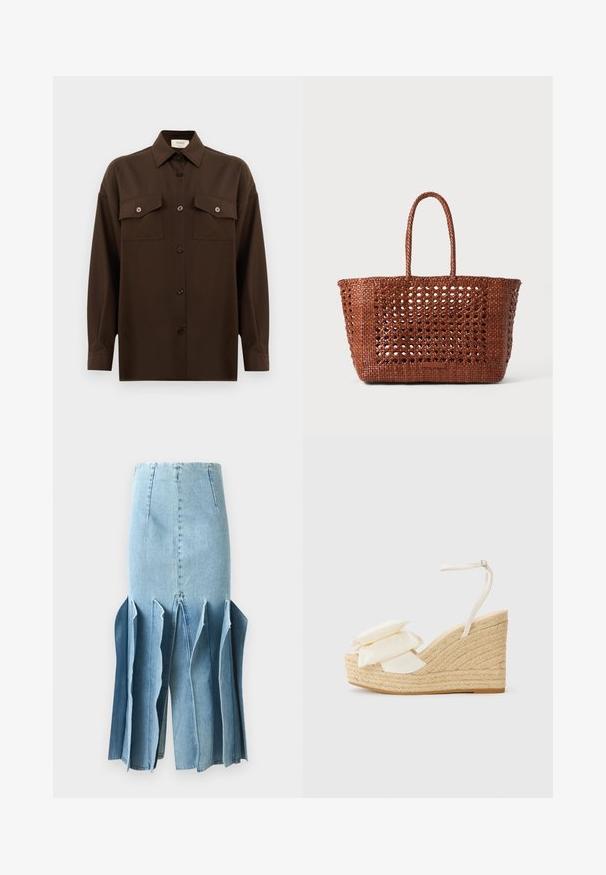 Tamsiai rudas ilgarankovis mygtukų marškiniai su dviem kišenėmis ant krūtinės ir klasikiniais apykakle, pristatomas prieš paprastą baltą foną.; Šviesiai mėlyna džinsinė sijonas su išplatinta forma, turintis nelygius kraštus ir vertikalias siūles. Audinys lygus, matomi siuvimo detalės.; Kampanėlės sandalai su natūralaus jute platforma, kreminės spalvos audinio viršumi ir dviem sluoksniais gėlių akcentų; turi ploną kulkšnies dirželį su sagtimi.; Audinė ruda totes krepšys su atviru raštu, stačiakampio formos ir dviem pintomis rankenomis. Turi tvirtą pagrindą, kad būtų paremta.