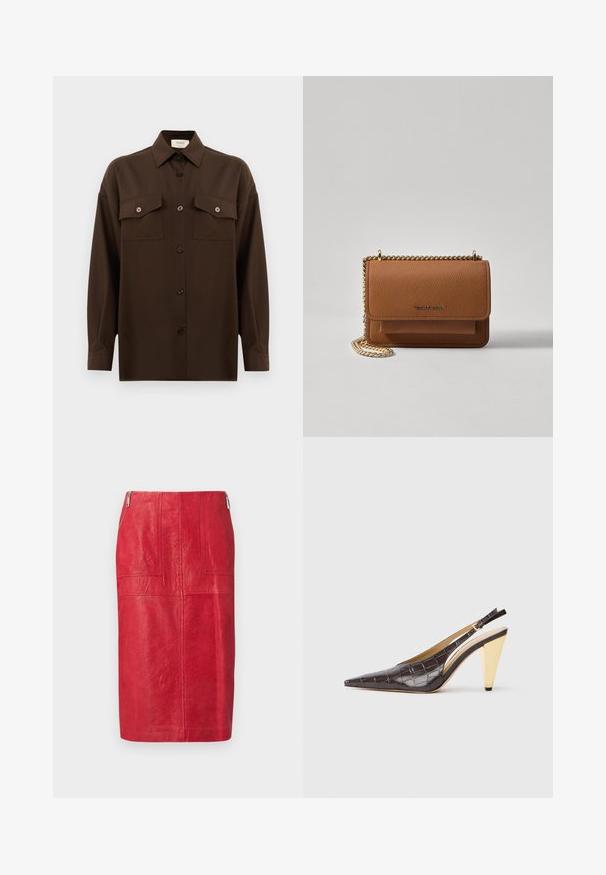 Tamno smeđa dugosleeve košulja s dugim rukavima i dugmadi, s dva džepa s preklopom na prsima i klasičnim ovratnikom, prikazana na jednostavnoj bijeloj pozadini.; Crvena kožna midi suknja s glatkom teksturom, s ravnim krojem, dva prednja džepa i zatvaranje sa strane na patentni zatvarač.; Cipele s potpeticom i otvorenim stražnjim dijelom, u tamnosmeđoj sjajnoj umjetnoj koži krokodila. Sadrže zlatnu geometrijsku potpeticu i prilagodljivu naramenicu.; Smeđa kožna torba preko tijela s teksturom, zlatnim lančićem i preklopom na zatvaranju. Na prednjoj strani nalazi se detalj s potpisom i džep ispod preklopa.