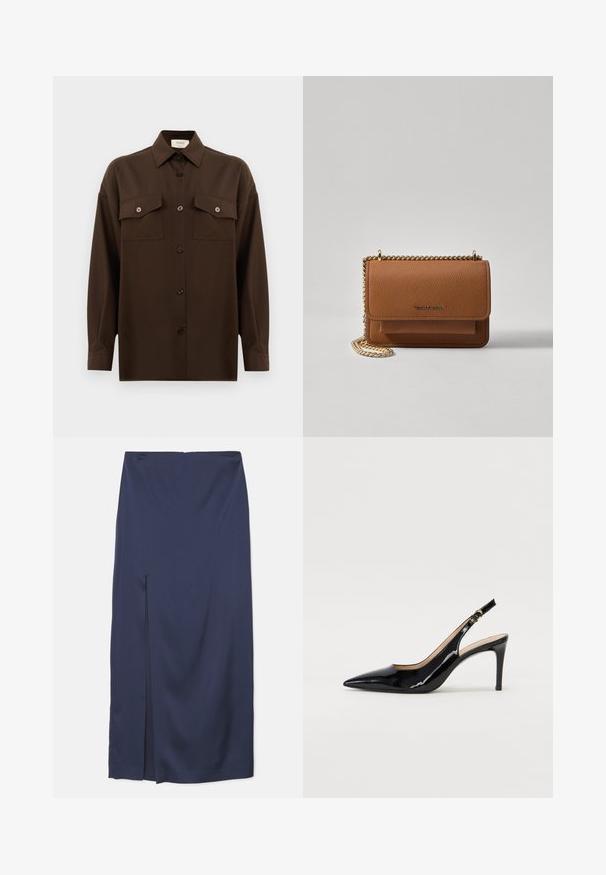Cămașă lungă, cu mâneci lungi, de culoare maro închis, cu două buzunare frontale cu clapetă și guler clasic, expusă pe un fundal alb simplu.; Fustă midi de culoare albastru marin, dintr-un material neted, cu o deschidere frontală, având un brâu ajustat și un design drapat pentru mișcare fluidă.; Pantofi slingback din piele patent neagră, cu vârful ascuțit, tocul subțire și un design discret cu decupaj. Se evidențiază printr-un cataramă aurie pe curea.; Geantă crossbody din piele texturată maro, cu curea din lanț aurit și închidere cu clapetă. Partea din față prezintă detalii cu logo și o buzunar sub clapetă.