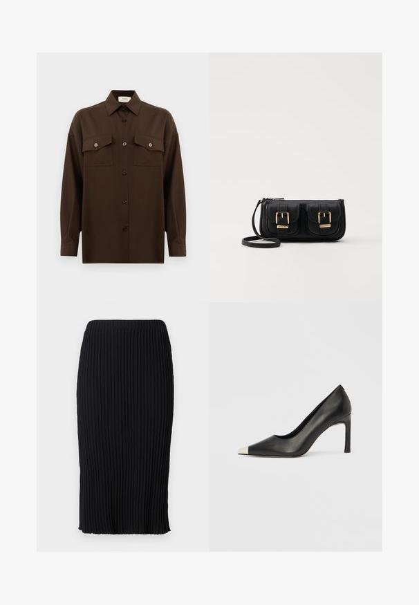 Tamno smeđa dugosleeve košulja s dugim rukavima i dugmadi, s dva džepa s preklopom na prsima i klasičnim ovratnikom, prikazana na jednostavnoj bijeloj pozadini.; Crna midi suknja s vertikalnim naborima, elastičnim pojasom i bočnim prorezom. Izrađena od rastezljive tkanine, glatke teksture i pripijenog dizajna.; Crna kožna cipela s visokim potpeticama, špicastim vrhom i metalnim srebrnim vrhom. Ima glatku završnu obradu i tanku petu visine 10 cm.; Crna kožna torba preko ramena s dva prednja džepa, zlatnim kopčama, zatvaranjem na zip i uskim remenom. Teksturirana površina i kompaktan pravokutan oblik.