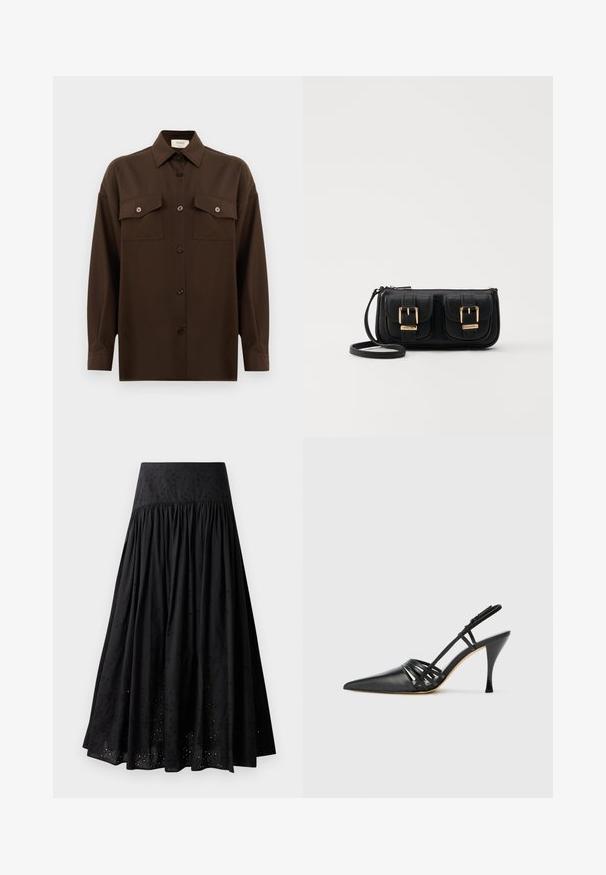 Dark brown long-sleeve button-up shirt with two flap chest pockets and a classic collar, displayed against a plain white background.; Black maxi skirt made of cotton with an embroidered waistband. Features gathered fabric and eyelet detailing along the hem.; Black leather high-heeled slingback shoe with pointed toe, crisscross strap design, and slim stiletto heel. Smooth texture and minimal accents.; Black leather crossbody bag with two front pockets, gold buckles, zipper closure, and a slim strap. Textured surface and compact rectangular shape.