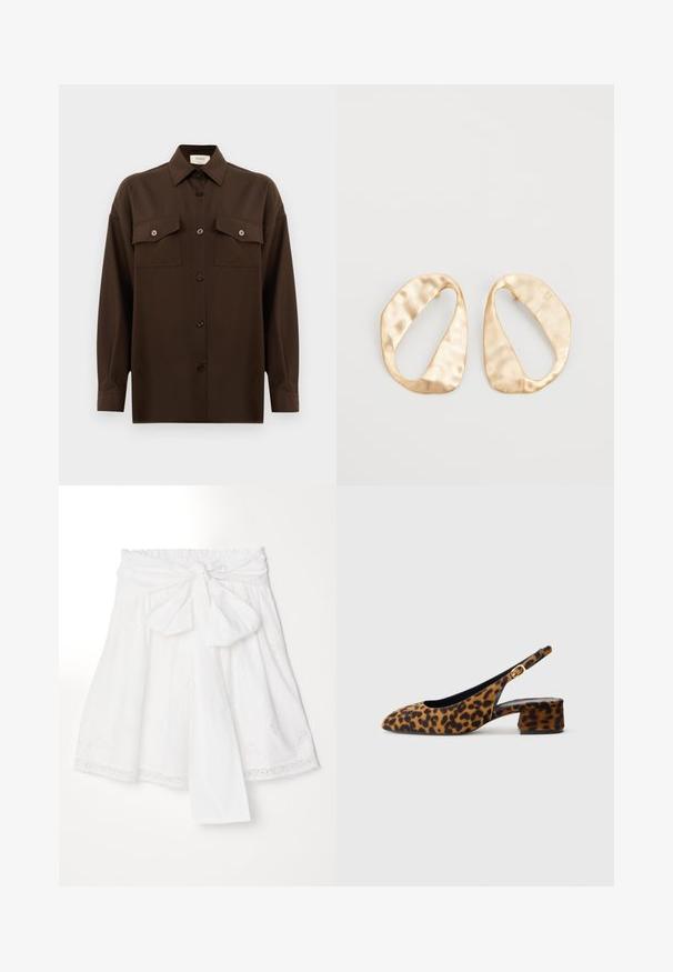 Dunkelbraunes Langarmhemd mit Knopfleiste, zwei Brusttaschen mit Klappe und klassischem Kragen, vor einem schlichten weißen Hintergrund präsentiert.; Erdem SKIRT WITH GATHERED WASIT - A-Linien-Rock - white; Damen-Slingback-Schuhe mit Leopardenmuster, niedrigem Blockabsatz und goldener Schnalle am Seitenriemen, im Seitenprofil auf einem schlichten Hintergrund dargestellt.; Ein Paar unregelmäßige, oval geformte Ohrringe aus goldfarbenem Metall mit einer strukturierten, leicht gehämmerten Oberfläche auf weißem Hintergrund.