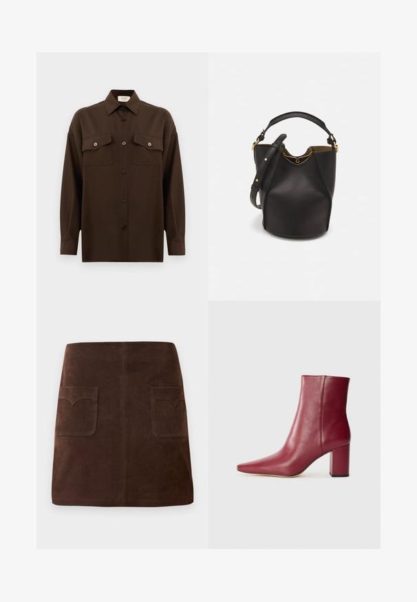 Temno rjav srajca z dolgimi rokavi na gumbe, z dvema žepoma na prsih in klasičnim ovratnikom, prikazana na enotni beli podlagi.; Rjava nubukova krila, ki vsebujejo klasično A-linijo, dve sprednji žepi z zaobljenimi poklopci in subtilne šivane detajle.; Burgundska usnjena gležnjarja z ostrim nosom, blok peto in gladko teksturo, z brezhibnim dizajnom brez vidnih kovinskih delov.; Črna usnjena torba v obliki kante z teksturirano površino, z zlatimi kovinskimi detajli in odprtim vrhom. Ima kratek ročaj in prilagodljiv ramenski trak.