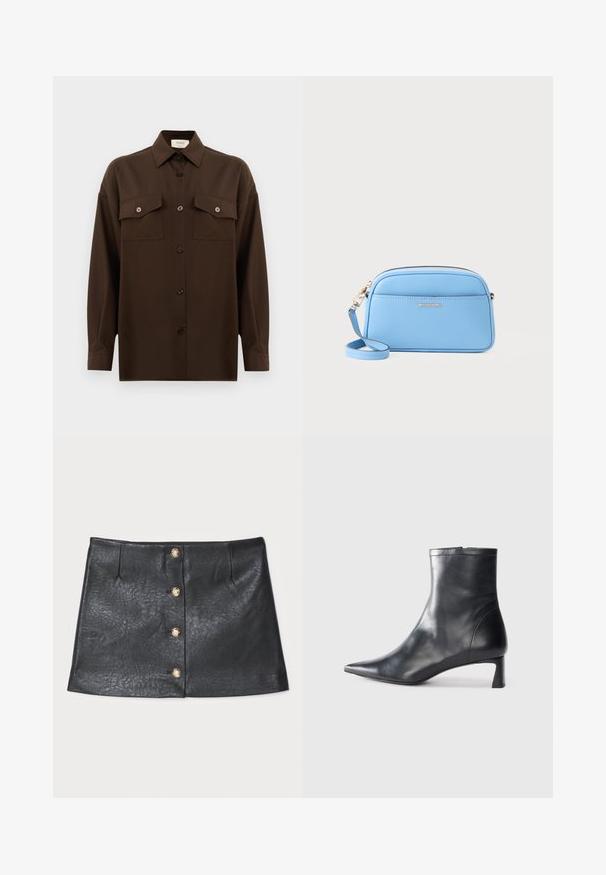 Tumma ruskea pitkähihainen napitettava paita, jossa on kaksi läpällistä rintataskua ja klassinen kaulus, esiteltynä yksinkertaista valkoista taustaa vasten.; Mustat nahka mini-hameet, joissa on tyylikäs muotoilu, etupainike kultaisilla yksityiskohdilla ja teksturoitu pinta hienovaraisella kiillolla.; Musta nahkainen nilkkabotti, jossa on teräväkärkinen muotoilu ja tyylikäs design. Varusteena matala korko ja takana vetoketjukiinnitys. Sileä pinta.; Vaaleansininen nahkainen crossbody-laukku, jossa on kultasävytetty metalliosat, vetoketjukiinnitys ja etutasku. Mukana säädettävä olkahihna käytännöllisyyden vuoksi.