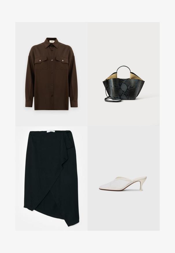 Camisa de manga larga de color marrón oscuro con botones, dos bolsillos en el pecho con solapa y un cuello clásico, exhibida contra un fondo blanco liso.; Falda negra envolvente de tejido ligero con una textura sutil. Dobladillo asimétrico y detalle de pliegue lateral. Sin herrajes o acentos visibles.; Mule blanco de malla con punta afilada, tacón medio y diseño de fácil colocación contra un fondo liso.; Bolso con diseño de serpiente en tonos negro y gris, de forma estructurada, con dos asas y una correa de hombro ajustable. Presenta un interior beige.