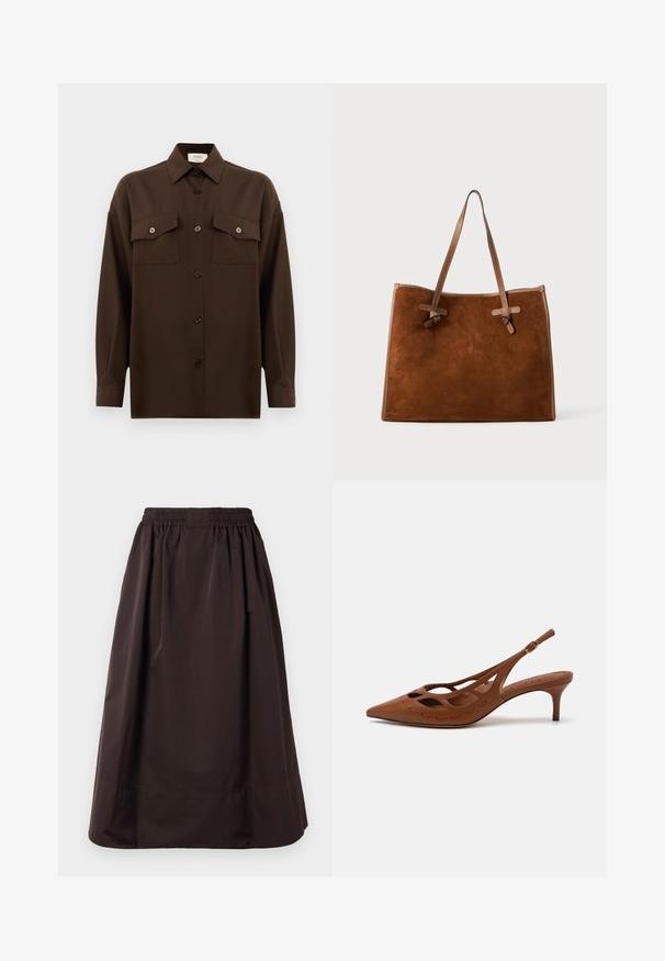 Tumepruun pikkade varrukatega nööbitav särk kahe klapp-taskuga rinnal ja klassikalise kraega, esitlemiseks lihtsa valge tausta ees.; Pruna midi-pikkusega seelik, millel on elastne vöökoht ja lai ääredetail, valmistatud siledast kangast koos peente kortsudega vöökoha all.; Pruun nahast slingback-konts, millel on terav nina, lõikelaudade disain ja tikitud detailid. Omab peenikest konts ja reguleeritavat rihma.; Pruun suede kott kahe nahkhaarakaga, lame kuju, õmblustega detailid ning sõlmeelement külgedel. Nähtavaid sulgureid pole.