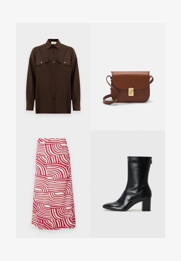 Tmavohnedá košeľa s dlhým rukávom, na gombíky, s dvoma vreckami na hrudi a klasickým golierom, umiestnená na jednoduchom bielom pozadí.; Červená a krémová sukňa po kolená s výraznými, zakrivenými pruhmi rôznej šírky, vyrobená z jemnej tkaniny s hladkou textúrou.; Čierne kožené členkové topánky s špicatou špičkou a blokovým podpätkom vysokým 4 cm. Elegantný dizajn obsahuje bočný zips pre jednoduché obúvanie. Hladká textúra.; Hnedá kožená kabelka s klopou, zlatými kovovými prvkami, ramenným popruhom a hladkým povrchom. Kompaktný obdĺžnikový tvar.
