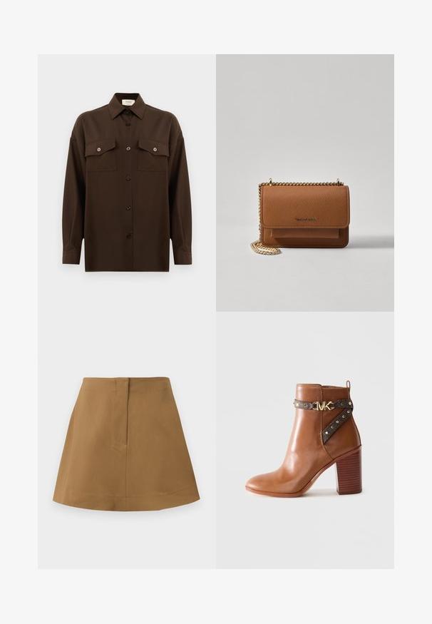 Tumma ruskea pitkähihainen napitettava paita, jossa on kaksi läpällistä rintataskua ja klassinen kaulus, esiteltynä yksinkertaista valkoista taustaa vasten.; Ruskea hame, jossa on levenevä siluetti ja joka on valmistettu sileästä kankaasta. Sisältää yksinkertaisen vyötärönauhan ja takasauman yksityiskohdan.; Ruskea nahkainen nilkkabootsi, jossa on pinoitettu lohko korko, sivuolkaimessa kultaiset niitit ja kultainen "MK"-logon solki.; Ruskean teksturoidun nahkasta valmistettu crossbody-laukku, jossa on kultaketjuhihna ja läppäkiinnitys. Edessä on logodetail ja tasku läppäisen alla.