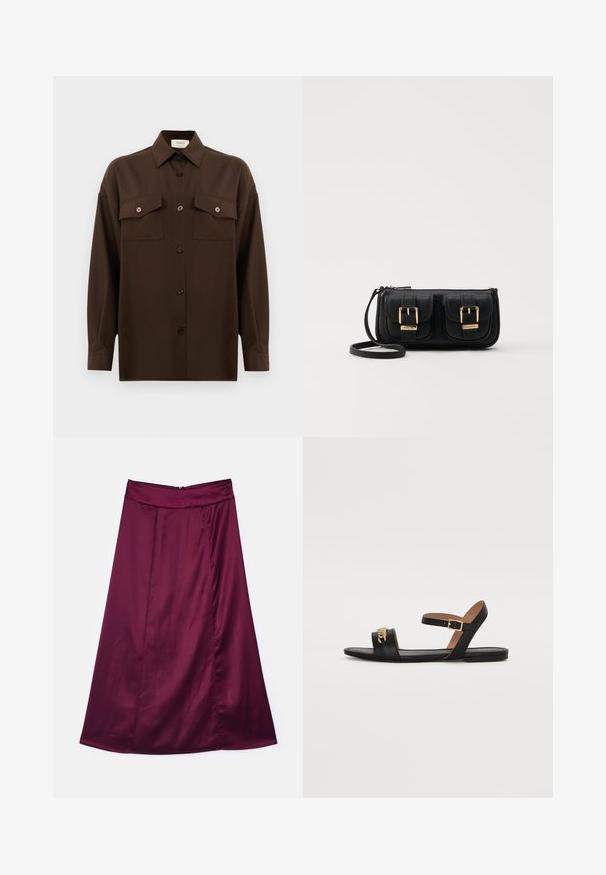 Temno rjav srajca z dolgimi rokavi na gumbe, z dvema žepoma na prsih in klasičnim ovratnikom, prikazana na enotni beli podlagi.; Burgundska satenska A-linijska krila z gladko teksturo, ki ima subtilen sijaj, visok pas in zadrgo na hrbtni strani.; Črne usnjene sandale s ravnim podplatom, enim pasom za prste in gležnjem, ki ima zaponko v zlatem odtenku. Dekorativen verižni detajl spredaj.; Črna usnjena torbica čez ramo z dvema sprednjima žepoma, zlatimi zaponkami, zadrgo in ozkim pasom. Tekstura površine je strukturirana, obliko pa ima kompaktno pravokotno.