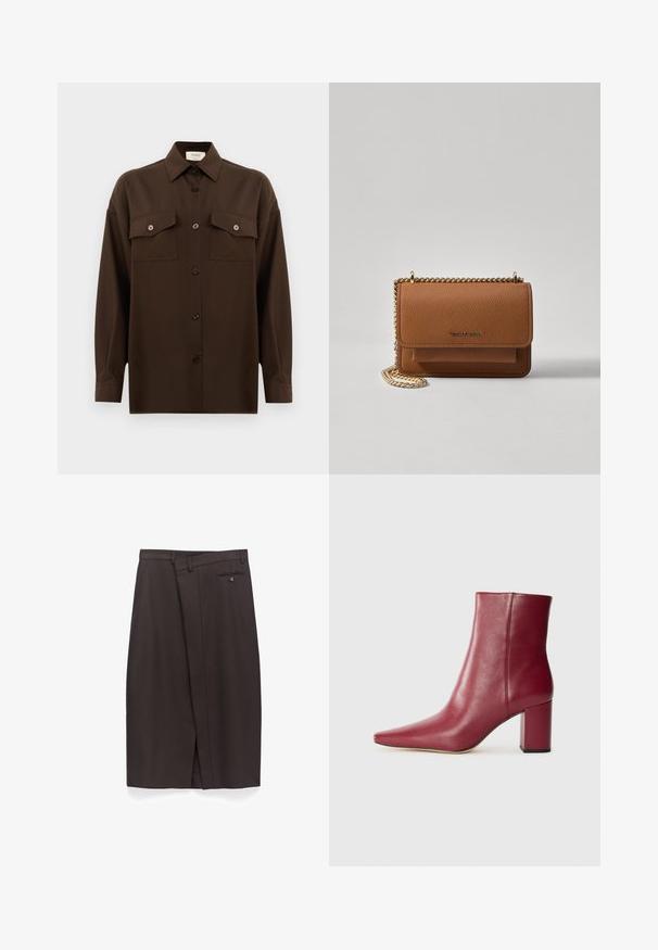 Donkerbruin langarm overhemd met knopen, voorzien van twee zakken met klep op de borst en een klassieke kraag, weergegeven tegen een effen witte achtergrond.; Donkerbruine rok tot de knie met riemlussen, een voorplooitje, zijzak en een achterzak met knopen.; Bordeaux leren enkelboot met een spitse neus, blokhak en een gladde textuur, uitgevoerd in een naadloos ontwerp zonder zichtbare hardware.; Bruine lederen schoudertas met textuur, voorzien van een gouden kettingstrap en klepsluiting. De voorkant heeft een logo-detail en een zak onder de klep.
