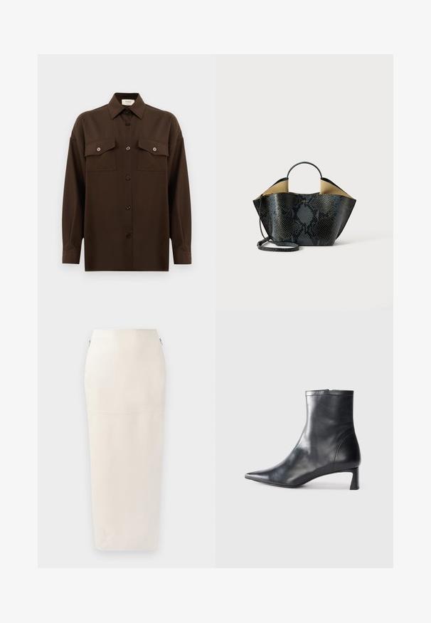 Donkerbruin langarm overhemd met knopen, voorzien van twee zakken met klep op de borst en een klassieke kraag, weergegeven tegen een effen witte achtergrond.; Crème midi-jurk met een aangesloten silhouet, gemaakt van soepel materiaal, met een verborgen rits aan de zijkant en minimalistische naaddetails.; Zwarte leren enkellaars met een spitse neus en een slank ontwerp. Heeft een lage hak en een ritssluiting aan de achterkant. Gladde textuur.; Handtas met zwart en grijs slangenhuidpatroon, gestructureerd ontwerp, dubbele handvatten en een verstelbare schouderband. Heeft een beige interieur.