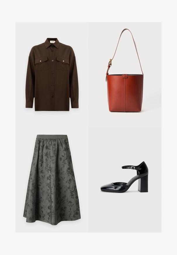 Sötétbarna, hosszú ujjú, gombos ing, két zsebével a mellén és klasszikus gallérral, egyszerű fehér háttér előtt bemutatva.; Sötét szürke midi szoknya, rugalmas derékkal, amelyen domborított virágminta található, az extra textúra és vizuális érdekesség érdekében.; Fekete patent bőr, magas sarkú cipők négyzetes orral, bokapánttal és vastag sarkal. A szélén lyukacsos díszítéssel.; Barna bőr vödör táska állítható vállpánttal és aranyszínű csattal, egyszerű függőleges varrással az elején.