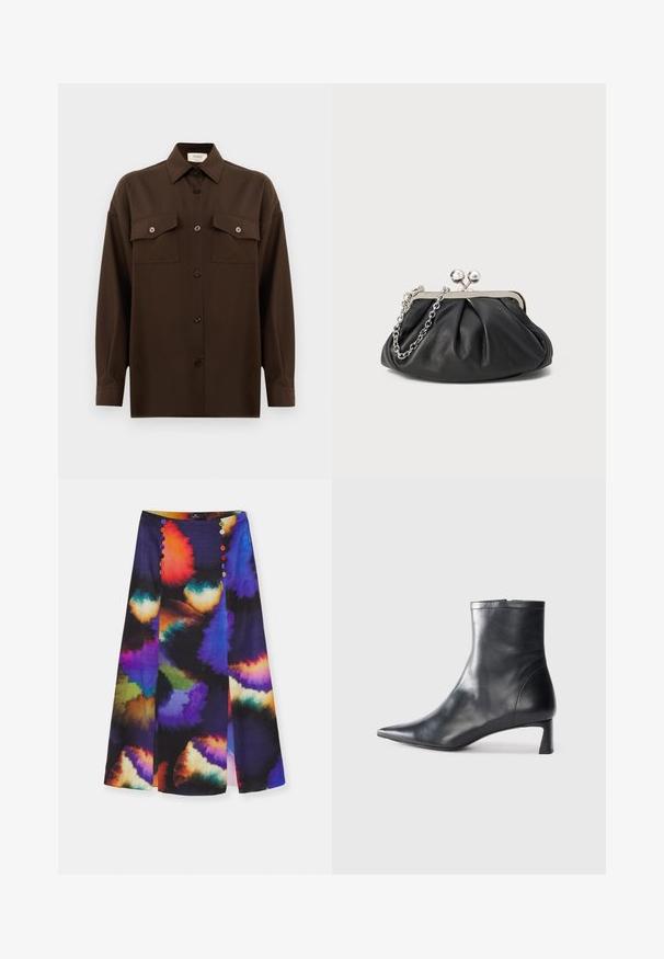 Tmavě hnědá košile s dlouhým rukávem a knoflíky, se dvěma kapsami na hrudi a klasickým límečkem, vystavená na čistém bílém pozadí.; PS Paul Smith WOMENS SKIRT - Pouzdrová sukně - multicolored; Černé kožené kotníkové boty s špičatou špičkou a elegantním designem. Mají nízký podpatek a zipové zapínání na zadní straně. Hladká textura.; Černá kožená kabelka s nabíranou texturou, stříbrný kovový rám, uzávěr na klips a řetízkový popruh. Hladký, jemný povrch.