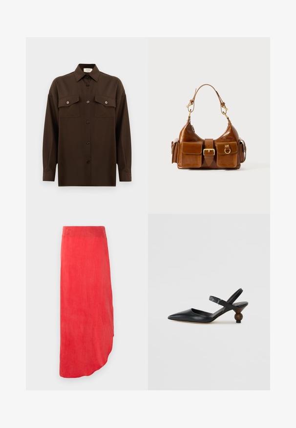 Cămașă lungă, cu mâneci lungi, de culoare maro închis, cu două buzunare frontale cu clapetă și guler clasic, expusă pe un fundal alb simplu.; Fustă roșie, până la glezne, dintr-un material fin și ușor. Are un tiv curbat și o culoare solidă, fără modele vizibile sau embellishments.; Sandal din piele neagră cu vârf ascuțit, design curbat și toc rotund asemănător cu lemnul. Dispune de o curea îngustă la gleznă.; Geantă de mână din piele maro, cu o formă curbată, accesorii din metal auriu dual, două buzunare frontale și o curea lată. Textură netedă cu un finisaj elegant.