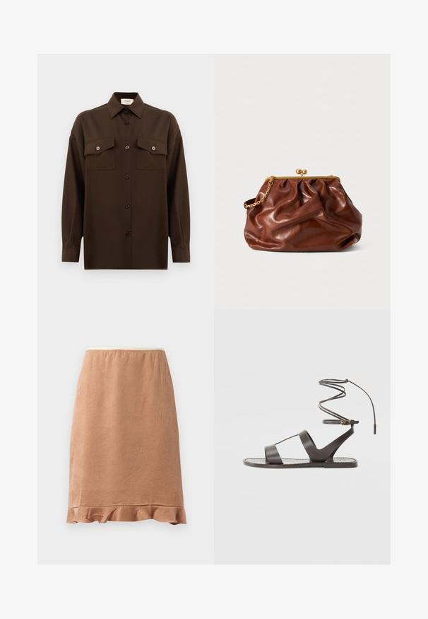 Temno rjav srajca z dolgimi rokavi na gumbe, z dvema žepoma na prsih in klasičnim ovratnikom, prikazana na enotni beli podlagi.; Rjava krila z teksturo in nabranim robom, izdelana iz mehkega blaga, ki se rahlo spušča, oblikovana z elastičnim pasom za udobje.; Rjave usnjene sandale s ravnim podplatom, ki imajo minimalističen dizajn, ukrivljen trak za gleženj in več odprtin za zračnost.; Rjava usnjena torba s zlatim zapirnom okvirom in kratko zlatno verižico, ki ima mehak, nabran videz na belem ozadju.