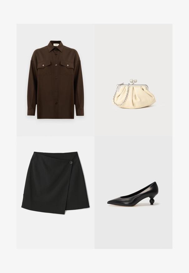 Dark brown long-sleeve button-up shirt with two flap chest pockets and a classic collar, displayed against a plain white background.; Black wrap skirt featuring a smooth fabric texture, asymmetrical design, and a side button closure for added detail.; Black leather high heel shoe with a pointed toe and a round, balled heel. Smooth texture with a sleek, minimal design.; Pleated beige leather clutch with a silver metal frame, featuring two round decorative clasps and a silver chain strap.