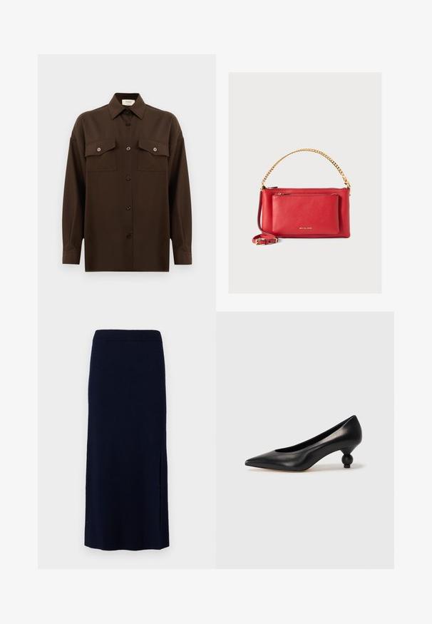 Tamsiai rudas ilgarankovis mygtukų marškiniai su dviem kišenėmis ant krūtinės ir klasikiniais apykakle, pristatomas prieš paprastą baltą foną.; Tamsiai mėlyna megzta sijonas tiesia siluetu, su šonine skyle, suteikiančia judėjimo laisvę. Audinys atrodo minkštas ir tamprus.; Juoda odinė aukštakulnė bateliai su smailiu pirštu ir apvaliu, iškiliu kulnu. Lygus paviršius su elegantišku, minimalistiniu dizainu.; Raudona odinė rankinė su tekstūruotu paviršiumi, auksine grandine ir dirželiu, priekinė užtrauktuko kišenė ir išspaustas logotipas. Kompaktiškas ir struktūruotas dizainas.