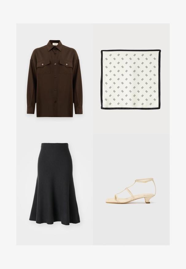 Chemise à manches longues brun foncé avec boutons, dotée de deux poches poitrine à rabat et d'un col classique, présentée sur un fond blanc uni.; Jupe noire évasée en tissu doux, dotée d'une taille haute, d'une texture lisse et d'une silhouette en A qui s'étend jusqu'à mi-mollet.; Sandales à talons beiges avec un design à T, bout carré, bride de cheville réglable et un petit talon carré. Matériau en cuir lisse.; Écharpe en soie blanche ornée d'un motif géométrique noir répété, bordée d'un liseré noir uni. Légère avec une texture lisse.