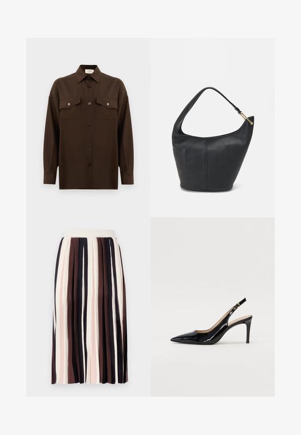 Camisa de botões de manga longa castanho-escuro, com dois bolsos de aba no peito e um colarinho clássico, apresentada contra um fundo branco liso.; Saia plissada com riscas verticais em tons de castanho escuro, rosa claro e creme, com uma cintura ajustada e um tecido macio e texturizado.; Sandal com salto em verniz preto, bico fino, salto esguio e um design de recorte subtil. Apresenta uma fivela dourada na alça.; Bolsa de mão em pele preta com uma forma arredondada, uma alça larga e um acabamento texturizado. Apresenta um discreto detalhe de costura e um acabamento em metal dourado.