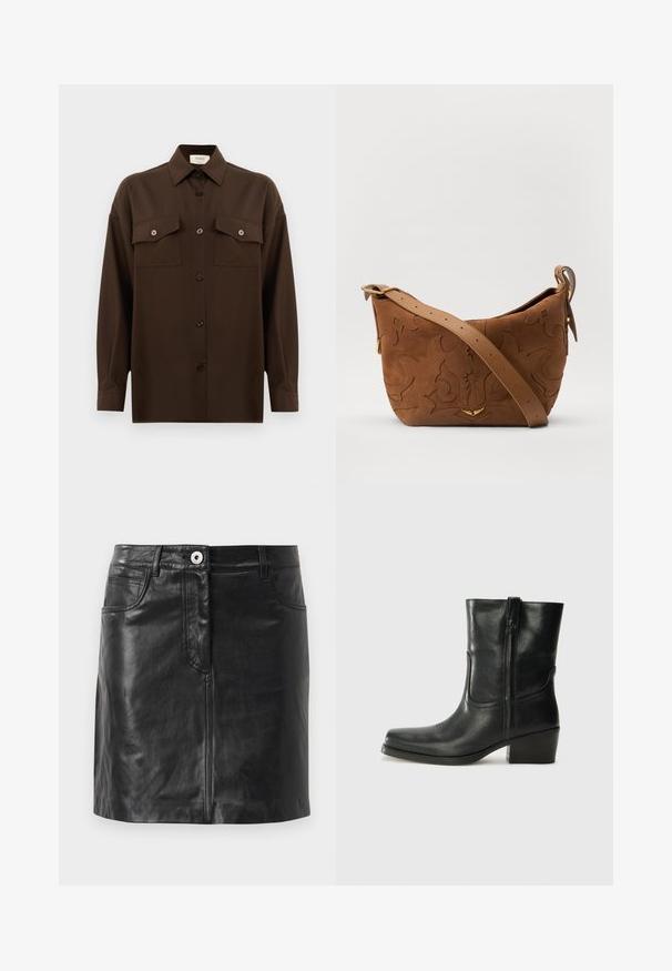 Camisa de manga larga de color marrón oscuro con botones, dos bolsillos en el pecho con solapa y un cuello clásico, exhibida contra un fondo blanco liso.; WEEKEND MaxMara HULL - Falda de tubo - nero; Botín negro de cuero hasta el tobillo con punta redondeada, tacón cuadrado, cremallera lateral y detalles de costura en el empeine. Textura suave, diseño clásico.; Bolso de hombro de ante marrón con diseño floral en relieve, complementado por una correa de cuero marrón suave y acentos de herrajes en tono dorado.