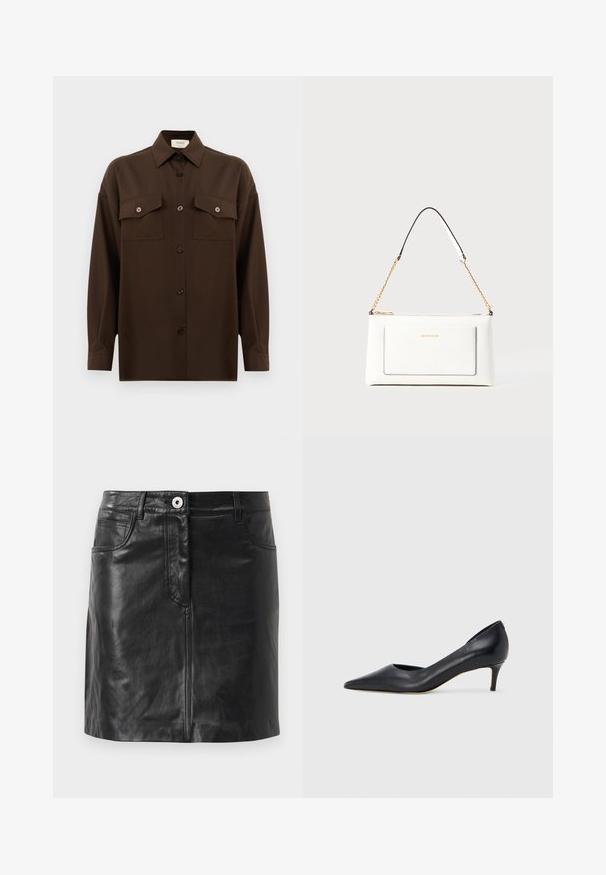 Camisa de botões de manga longa castanho-escuro, com dois bolsos de aba no peito e um colarinho clássico, apresentada contra um fundo branco liso.; Weekend Max Mara HULL - Saia lápis - nero; Sapato de salto alto preto em pele com bico fino e salto baixo. Apresenta uma textura suave e brilho subtil. Corte aberto na parte da frente para um detalhe adicional.; Bolsa de mão branca em couro com acabamento texturizado, featuring a corrente dourada e detalhes pretos. Inclui um bolso frontal e fecho com zipper.