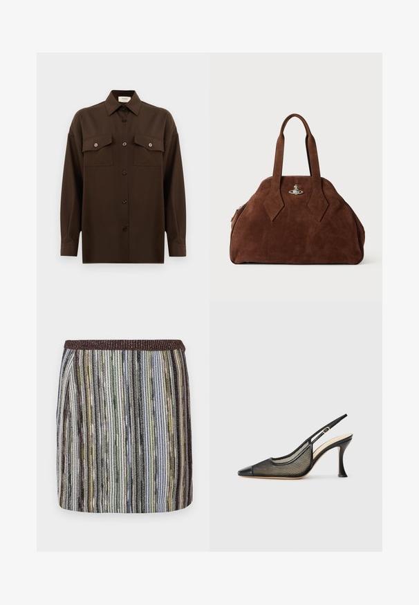 Tmavohnedá košeľa s dlhým rukávom, na gombíky, s dvoma vreckami na hrudi a klasickým golierom, umiestnená na jednoduchom bielom pozadí.; Krátka, prispôsobená sukňa s viacfarebnými vertikálnymi pruhmi v odtieňoch zelenej, čiernej a hnedej, so štruktúrovaným elastickým pásom.; Čierne slingback lodičky na vysokom opätku s špicatou špičkou, sieťovanými detailmi a hladkou koženou špičkou. Farby zahŕňajú čierne a béžové akcenty.; Hnedá semišová kabelka so štruktúrovaným tvarom, zaobleným telom a predĺženými rukoväťami v tvare diamantov. Obsahuje uzatváranie so striebornou hardvérovou sponou.