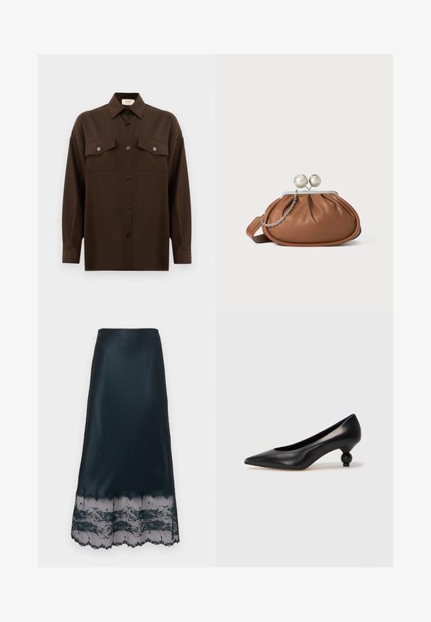 Dark brown long-sleeve button-up shirt with two flap chest pockets and a classic collar, displayed against a plain white background.; Black satin midi skirt with a sheer lace hem featuring floral embroidery and scalloped edges.; Black leather high heel shoe with a pointed toe and a round, balled heel. Smooth texture with a sleek, minimal design.; Brown leather clutch purse with silver ball clasp and a small silver chain detail on a white background.