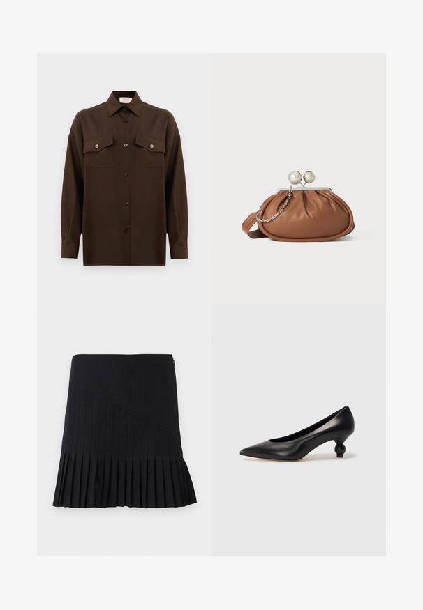 Tumma ruskea pitkähihainen napitettava paita, jossa on kaksi läpällistä rintataskua ja klassinen kaulus, esiteltynä yksinkertaista valkoista taustaa vasten.; Mustat laskostetut hameet, joissa on ommellut diagonaaliset paneelit, tiukka vyötärö ja levenevä helma. Materiaalit näyttävät kevyiltä ja sileiltä.; Musta nahkakengät korkealla korolla, joissa on terävä kärki ja pyöreä, pallomainen korko. Sileä pinta ja tyylikäs, minimalistinen muotoilu.; Ruskolehti nahka käärimispuss, jossa on hopeinen pallo-osa ja pieni hopeaketjuvalinta valkoista taustaa vasten.