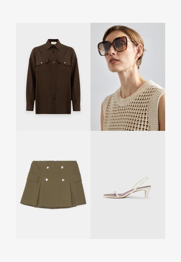 Sötétbarna, hosszú ujjú, gombos ing, két zsebével a mellén és klasszikus gallérral, egyszerű fehér háttér előtt bemutatva.; Olívzöld mini szoknya texturált anyagból, dupla soros ezüst gombokkal kiemelve, oldalsó zsebekkel, amelyek redőzött kialakításúak.; Fehér, pántos szandál enyhe sarokkal, vékony pántokkal és sima bőr textúrával; kis díszítő csattal rendelkezik.; CHLOÉ Napszemüvegek - brown