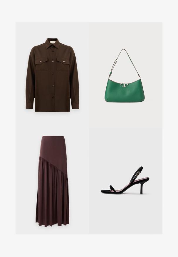 Dark brown long-sleeve button-up shirt with two flap chest pockets and a classic collar, displayed against a plain white background.; Brown maxi skirt made from soft fabric. Features a fitted waistband and an asymmetrical design with gathered detailing on one side.; Black suede women's high-heeled sandal with slim straps and a gold buckle on a white background, side view.; Green leather handbag with a curved shape, silver hardware accent, textured finish, and a single adjustable shoulder strap.