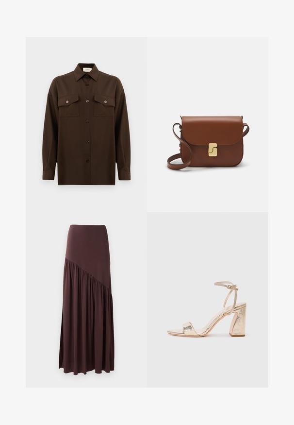 Mørkebrun langærmet skjorte med knaplukning, to brystlommer med klap og en klassisk krave, præsenteret mod en helt hvid baggrund.; Brun maxi nederdel lavet af blødt stof. Har en tætsiddende talje og et asymmetrisk design med rynkede detaljer på den ene side.; Guldmetal højhælede sandaler har et bredt spænd over tæerne, justerbar ankelrem og en tekstureret blokhælc.; Brun læder håndtaske med flaplukning, hardware i gyldent tone, en skulderrem og en glat overflade. Kompakt rektangulær form.