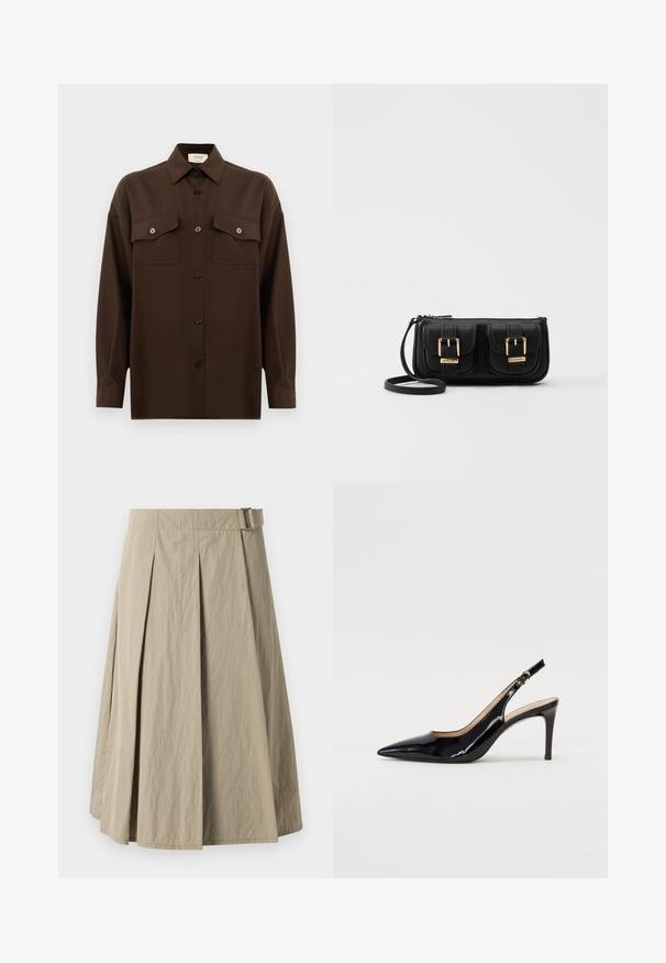 Dunkelbraunes Langarmhemd mit Knopfleiste, zwei Brusttaschen mit Klappe und klassischem Kragen, vor einem schlichten weißen Hintergrund präsentiert.; Beige Faltenrock mit glatter Textur, ausgestattet mit einem Gürtelschlauf und in A-Linien-Form, gestaltet mit einem knielangen Schnitt.; Schwarz lackierte Slingback-Pumps mit spitzem Zehenbereich, schlankem Absatz und einem subtilen Ausschnittdesign. Verfügt über eine goldene Schnalle am Riemen.; Schwarze Leder-Umhängetasche mit zwei vorderen Taschen, goldenen Schnallen, Reißverschluss und einem schmalen Tragegurt. Texturierte Oberfläche und kompakte rechteckige Form.