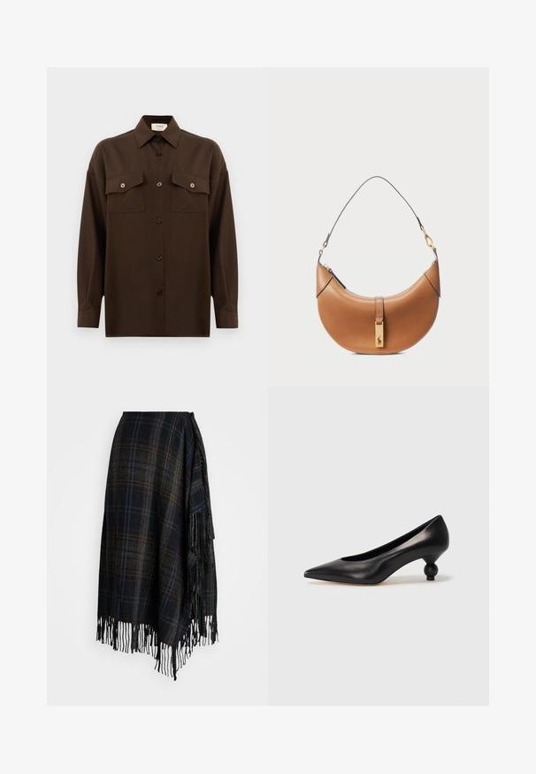 Tumši brūns garām piedurknēm pogājams krekls ar diviem kabatām uz krūtīm un klasisku apkakli, attēlots uz vienkārša baltā fona.; Vilnas apvalka svārki tumša izsistā rakstā ar izmētātu apakšmalu. Krāsās melnā, zaļā un zilā ar sasietu aizdari sānos.; Melnas ādas augstpapēžu kurpes ar smailu purngalu un apaļu papēdi. Gluda tekstūra ar elegantu, minimālistisku dizainu.; Brūnas ādas rokassomi ar izliekta formu, zeltīta aparatūra un plāns plecu siksniņš. Aprīkota ar rāvējslēdzēja aizdari un logo detaļu uz priekšpuses.