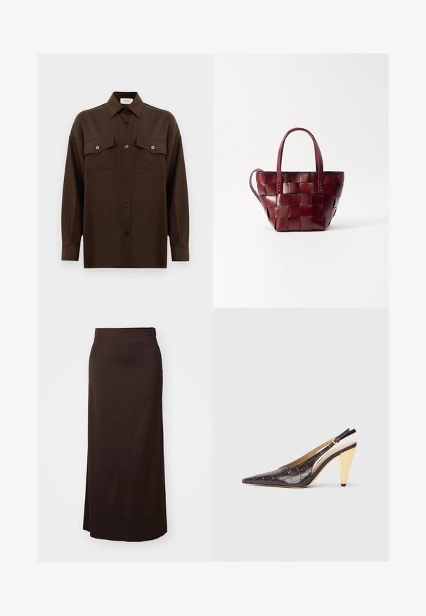 Sötétbarna, hosszú ujjú, gombos ing, két zsebével a mellén és klasszikus gallérral, egyszerű fehér háttér előtt bemutatva.; Hosszú fekete szoknya sima anyagból. Egyenes fazonú, oldalsó hasítékkal a mozgás könnyebbségére, és finom derékpánt részlettel rendelkezik.; Hegyes orrú slingback sarok sötétbarna, fényes mű krokodilbőrben. Aranyszínű geometrikus sarka és állítható bokapánt jellemzi.; Szőtt bordó bőr tote táska két rövid fogantyúval és levehető vállpánttal. Strukturált formája és sima textúrája jellemzi.