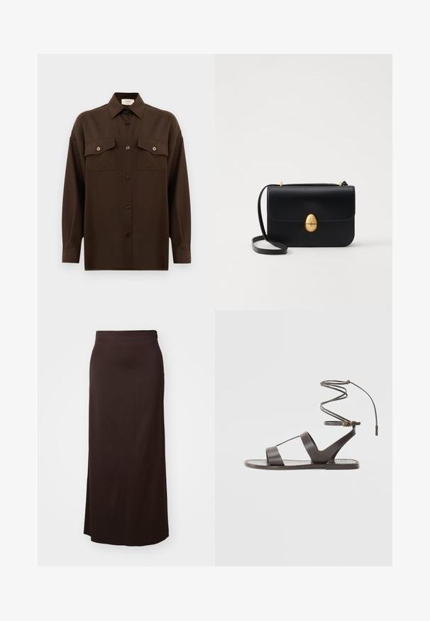 Donkerbruin langarm overhemd met knopen, voorzien van twee zakken met klep op de borst en een klassieke kraag, weergegeven tegen een effen witte achtergrond.; Lange zwarte rok van soepel materiaal. Heeft een recht ontwerp met een zijsplit voor gemakkelijke beweging, en een subtiele taillebanddetail.; Bruine leren sandaal met een platte zool, met een minimalistisch ontwerp, gebogen enkelband en meerdere uitsparingen voor ademend vermogen.; Zwarte leren handtas met een gestructureerde rechthoekige vorm. Voorzien van een gouden ovale sluiting en een dunne schouderband. Glad van textuur.